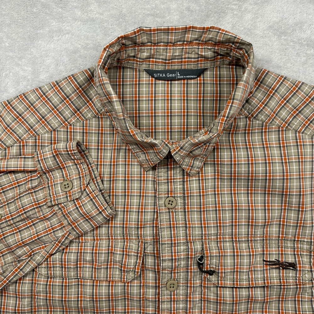 Sitka Gear Button Down Shirt Mens Large Orange Plaid Long Sleeve Outdoors Hiking